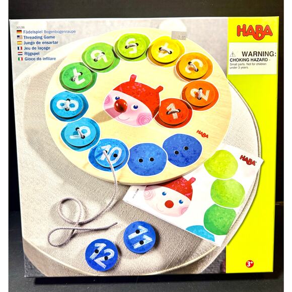 Haba wooden Rainbow Caterpillar Counting Threading Game colors numbers lacing - Picture 1 of 9